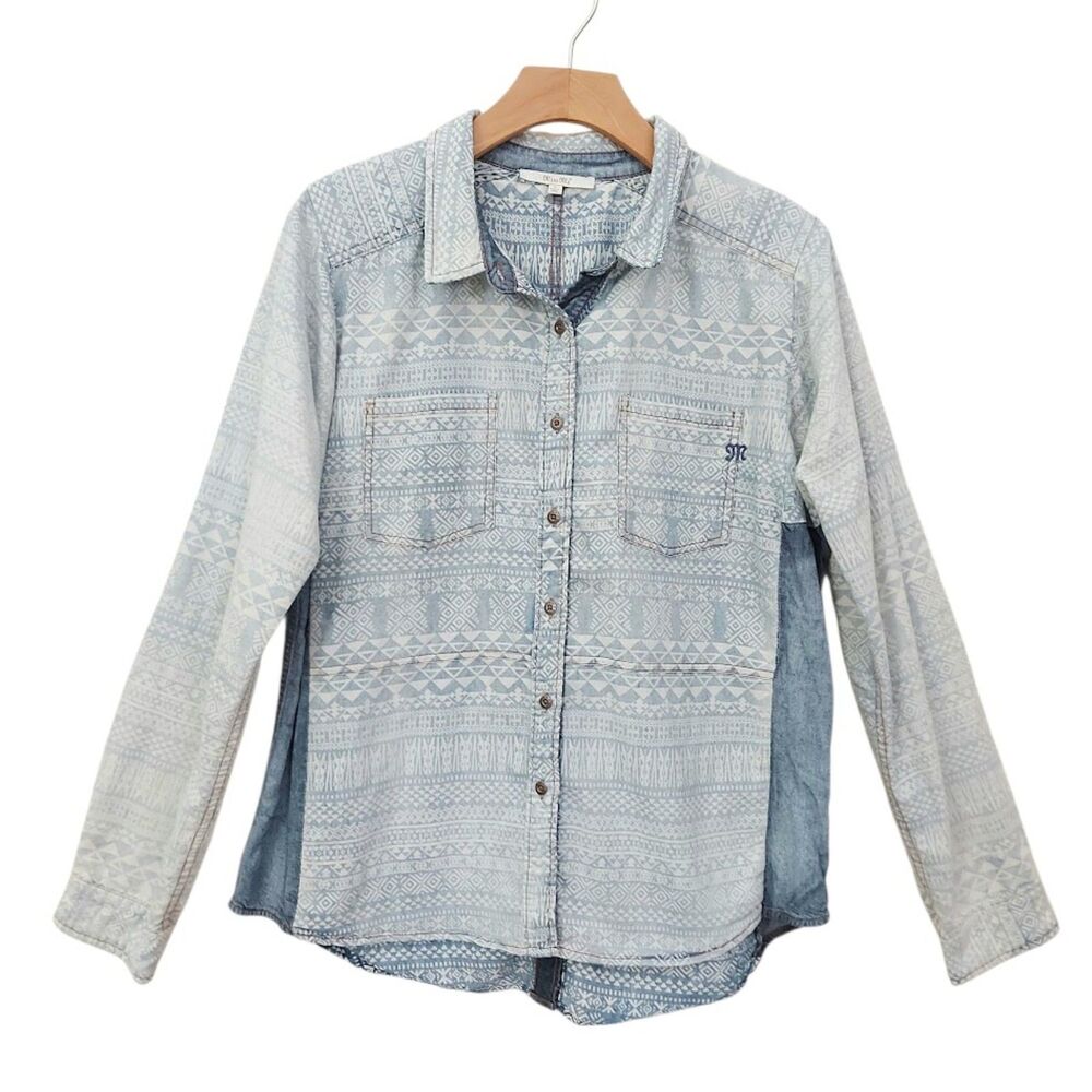 Miss Me Chambray Shirt Womens Large Blue Roll Tab Sleeve Aztec Southwestern